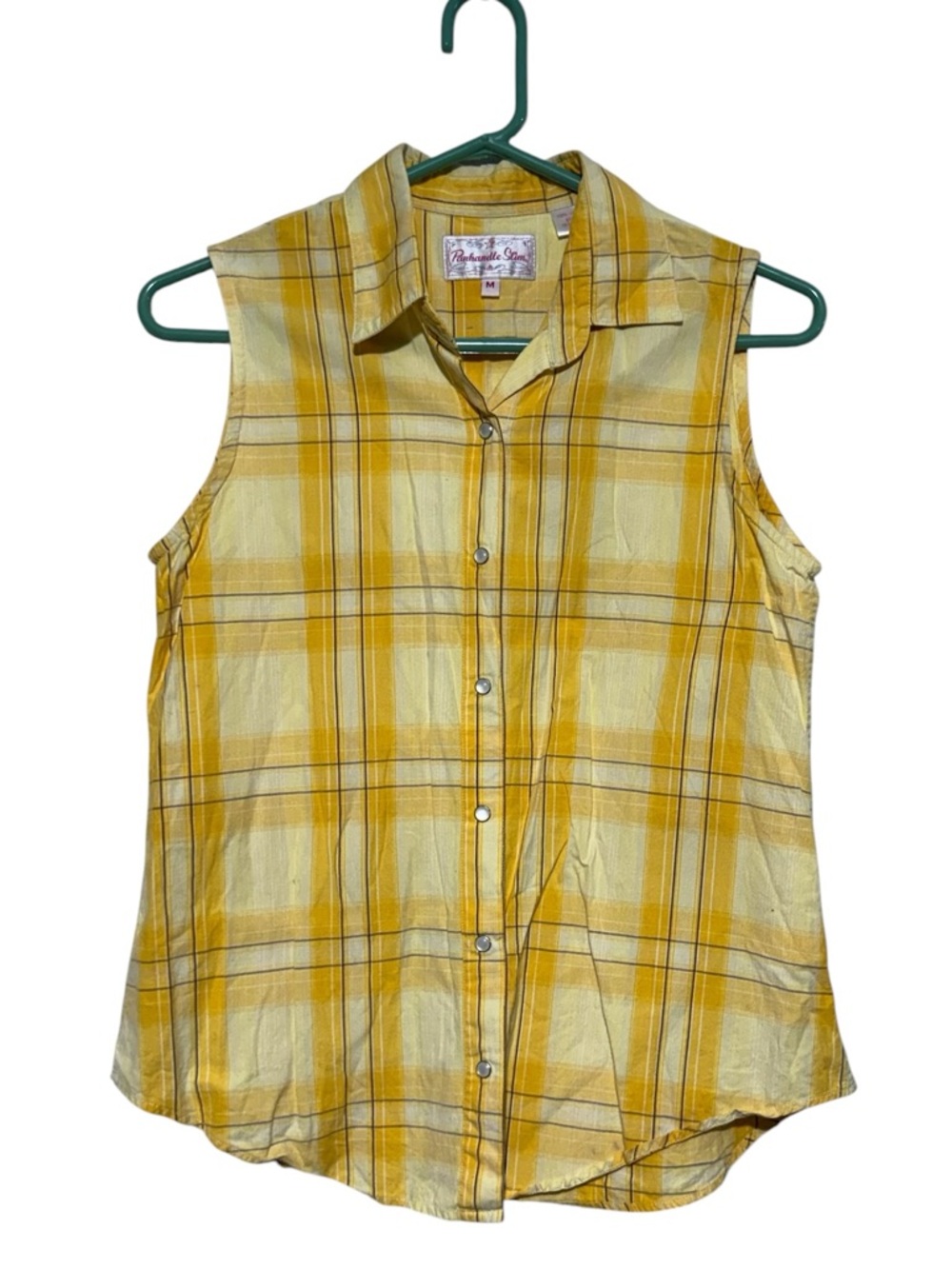 Panhandle Slim Yellow Plaid Pearl Snap Short Women Size M Sleeveless Western